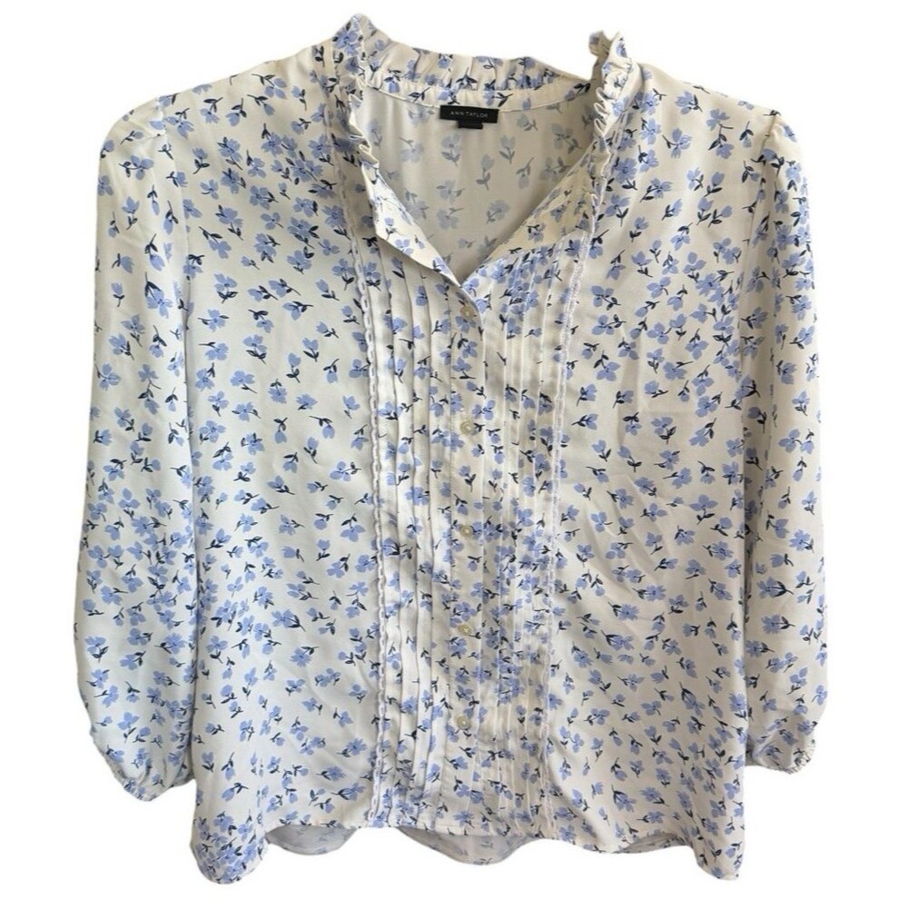 Ann Taylor Floral Pintucked Women's Blouse Ruffles Long Sleeve Size Large